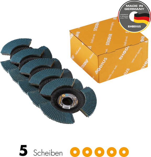 RHODIUS Fächerscheibe VISION PRO, 5 Stück, 125 x 22,23 mm, Korn 60, für Edelstahl, Stahl, Metall, PROline