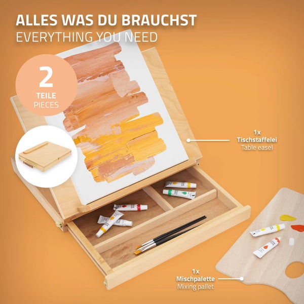 ECD Germany Tischstaffelei aus Holz mit Schublade und Palette, Holzstaffelei klein mit Aufbewahrungsfach, Sitzstaffelei tragbar & verstellbar, Kofferstaffelei zum Malen & Zeichnen, Malkoffer Malkasten