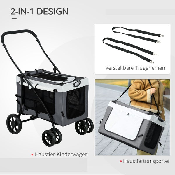 PawHut 2 in 1 Hundebuggy Haustierwagen Hundetrolley mit abnehmbarem Korb, 2 Sicherheitsleinen Klappbarer Katzenwagen für kleine und Miniaturhunde, Oxford, Grau
