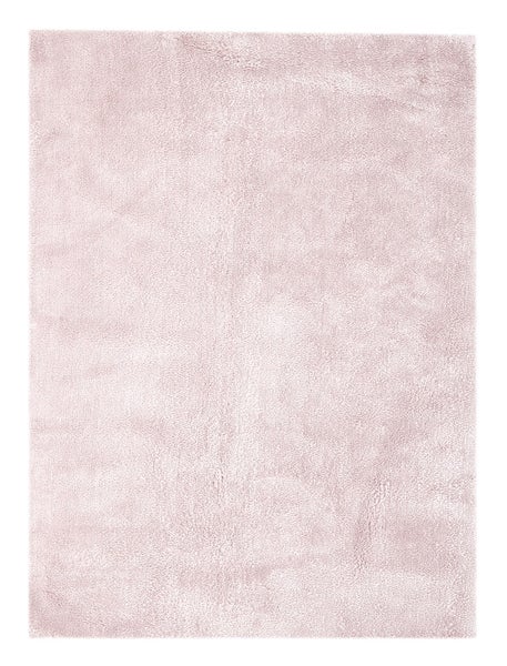 Rechteckiger Hochflor-Teppich mit weicher, zotteliger Textur in Rosa.