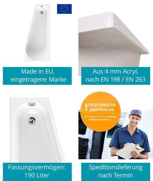 Asymmetrische Badewanne aus 4 Millimeter Acryl, hergestellt in der Europäischen Union, 190 Liter Volumen, Speditionslieferung nach Terminabsprache.