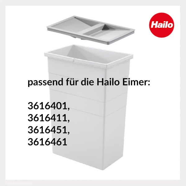 Weißer Hailo Mülleimer mit grauem Deckel passend für Modelle 3616401, 3616411, 3616451, 3616461 sowie Hailo Logo.