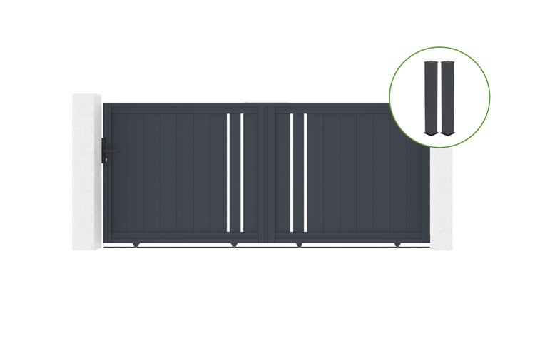 Schiebetor 3m GIONA H.140cm graues Aluminium + 2 Pfosten 20x20cm H.166cm