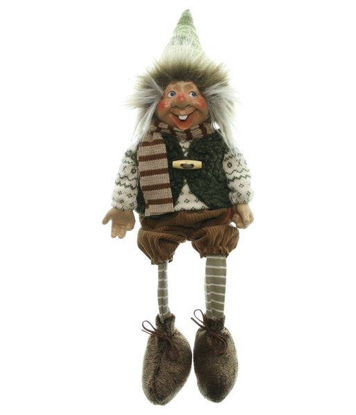 Dekorative Elfenfigur mit Mütze, Weste, Pullover und gestreiften Beinen als Hängedekoration