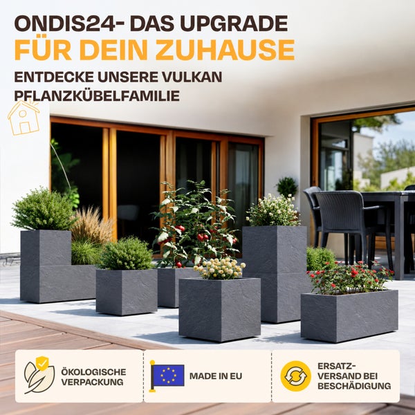 Ondis24 Vulkan Pflanzkübel in Steinoptik auf Terrasse, ökologische Verpackung, hergestellt in der Europäischen Union, Ersatzversand bei Beschädigung.