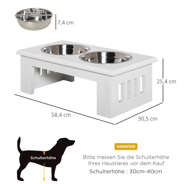 Futterstation für Hunde mit zwei Edelstahlnäpfen, Maße 58,4 mal 30,5 mal 25,4 Zentimeter, für Hunde mit 30 bis 40 Zentimeter Schulterhöhe.