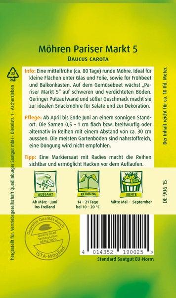 Rückseite der Saatgutpackung für Möhren Pariser Markt 5 mit Informationen zu Aussaat, Keimung und Ernte.