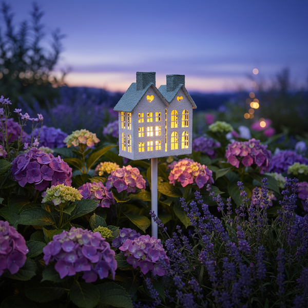 Solar-Gartenleuchte in Hausform mit warmem Licht, eingebettet in ein Beet mit lila Hortensien und Lavendel bei Abenddämmerung.