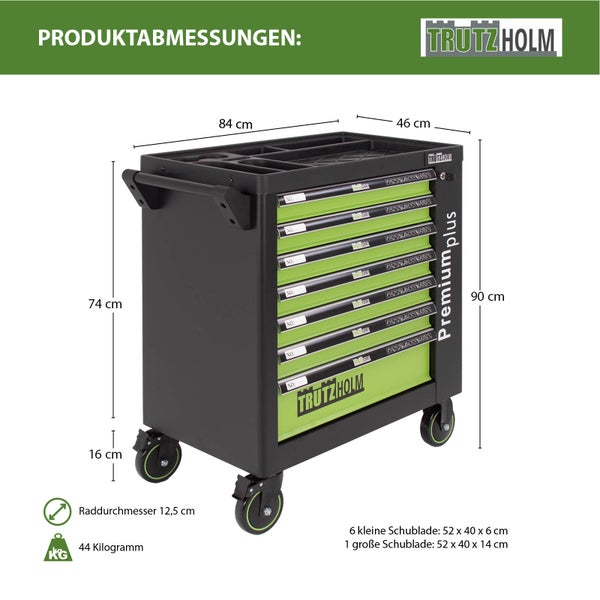 Trutzholm Logo. Trutzholm Werkstattwagen: 84 Zentimeter breit, 46 Zentimeter tief, 90 Zentimeter hoch, 7 Schubladen, 44 Kilogramm Gewicht.