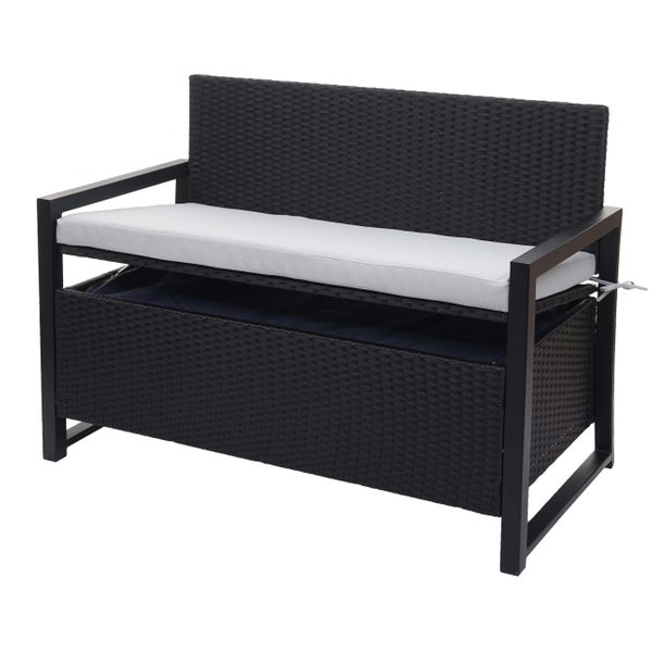 Schwarze Gartenbank aus Polyrattan mit integrierter Sitztruhe und weißem Sitzkissen.