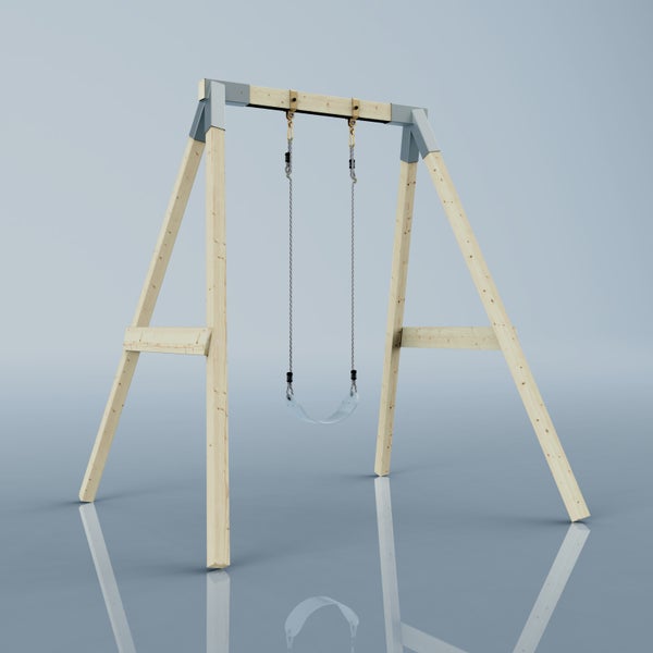 Schaukelgestell aus hellem Holz mit einer Einzelschaukel an Seilen und grauen Metallbeschlägen.