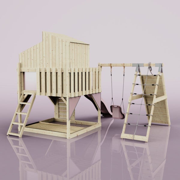 Spielturm mit Rutsche, Schaukel und Kletternetz aus Holz