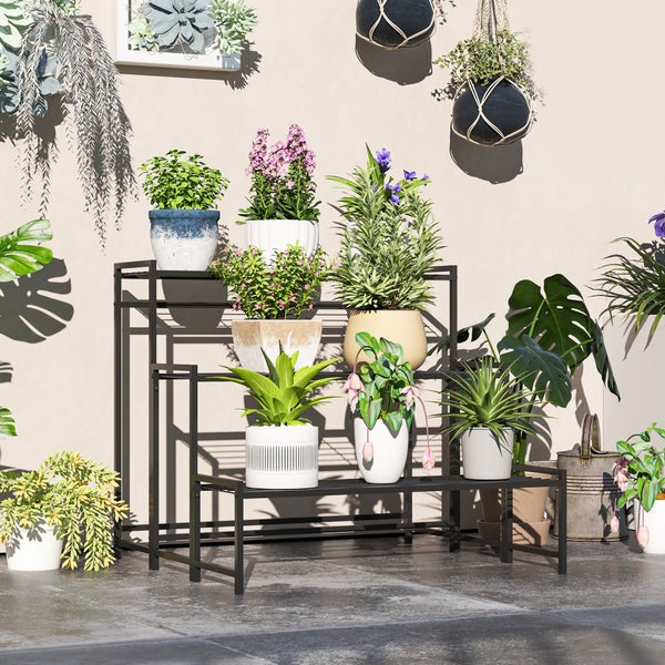 Outsunny 3-Etagen Pflanzenständer, Blumenständer für Innen Außen, Pflanzenregal aus Metall, mehrstöckig Blumenregal, 66 cm hoch Blumentreppe für Wohnzimmer, Garten Balkon Deko, Schwarz