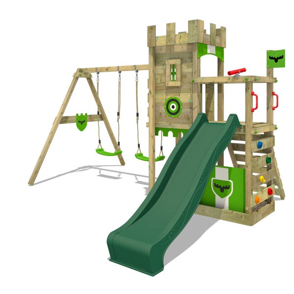 Fatmoose Spielturm Klettergerüst BoldBaron mit Doppelschaukel und Rutsche  – grün