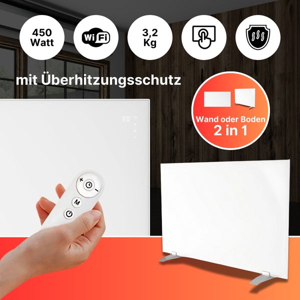 Sollero 450W Infrarotheizung Smart — Dual-Heizung, Stand- oder Wandmontage — WLAN-App, Fernbedienung, Timer — Inkl. Standfüße — Weiß, energiesparend