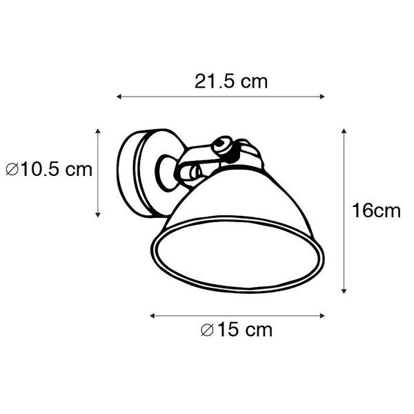 Technische Zeichnung einer Wandleuchte mit den Maßen 21,5 cm Breite, 16 cm Höhe, 10,5 cm Durchmesser der Wandhalterung und 15 cm Durchmesser des Lampenschirms