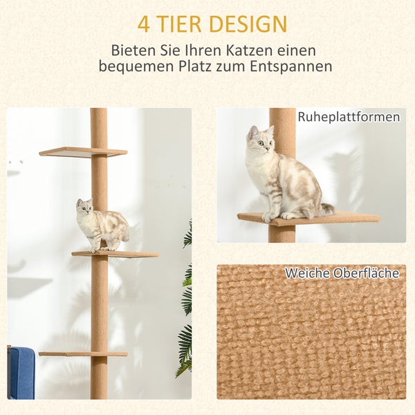 PawHut Kratzbaum Deckenhoch, 228-260 cm Höhenverstellbarer Katzenbaum Kletterbaum für Katzen mit 3 Ebenen, Katzenkratzbaum, Spielbaum vom Boden bis zur Decke Hellbraun