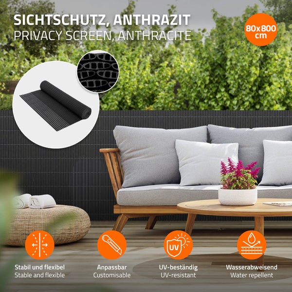 ECD Germany PVC Sichtschutzmatte 80 x 800 cm (2x 4m), Anthrazit, Sichtschutzzaun 3-Gewicht-Verstärkung, UV-beständig, Windschutz Balkonverkleidung Zaunblende, Sichtschutz für Garten, Balkon & Terrasse