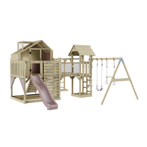 Spielplatz mit Spielhaus, Rutsche und Schaukel aus Holz