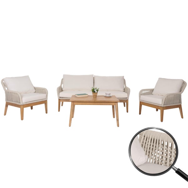 Garten-Lounge-Set aus Holz mit Seilgeflecht, bestehend aus einem 2-Sitzer Sofa, zwei Sesseln und einem Couchtisch inklusive Polstern.