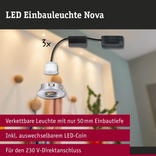 Verkettbares LED Einbauleuchten Set Nova, 3 Stück, inklusive auswechselbarem LED-Coin, 50 Millimeter Einbautiefe, 230 Volt Direktanschluss.