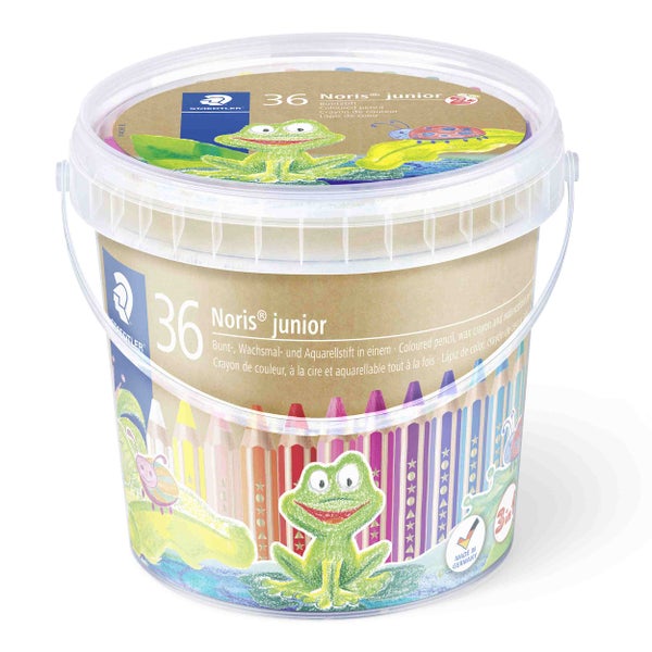 STAEDTLER Kindermalstift Noris junior 140 3in1, 36er Eimer Set in 18 Farben + 3 Spitzern