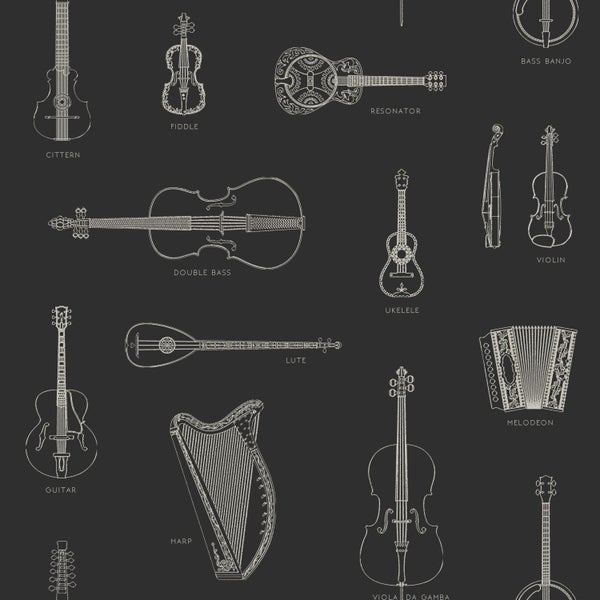 Abbildung verschiedener Musikinstrumente wie Zither, Geige, Kontrabass, Laute, Gitarre, Harfe