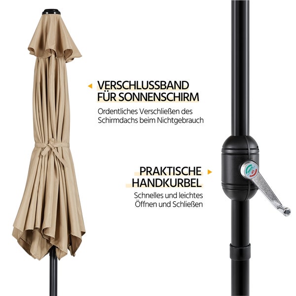 Sonnenschirm mit Verschlussband und Handkurbel