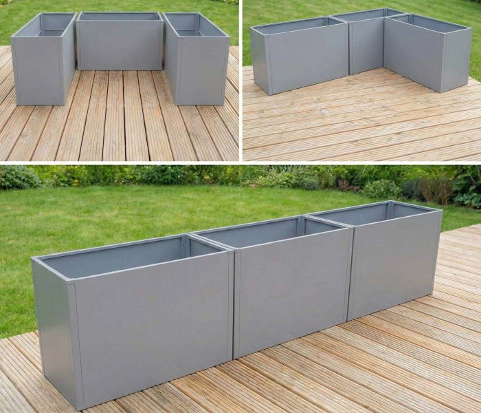 Nahaufnahme der Ecke eines grauen Hochbeets aus Metall.