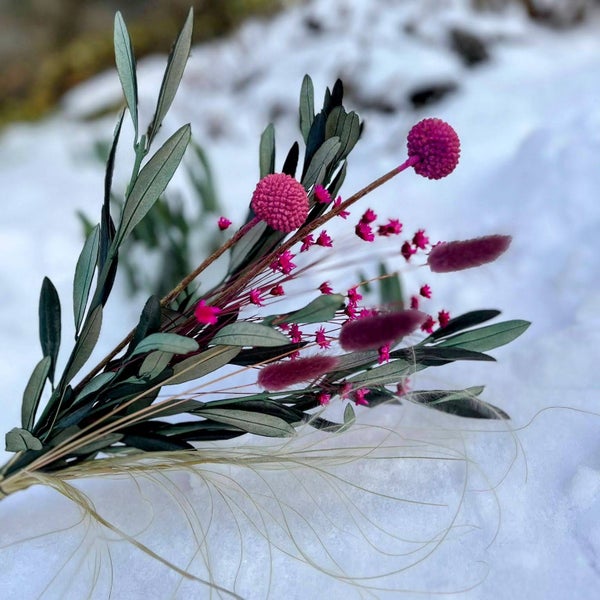 Mini Schneezauber: Trockenblumenstrauß aus Oliven und Glixia - 8 Stück