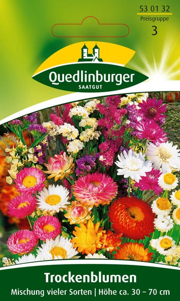 Quedlinburger Saatgut Logo, Samenmischung für Trockenblumen, Mischung vieler Sorten, Höhe circa 30 bis 70 Zentimeter.