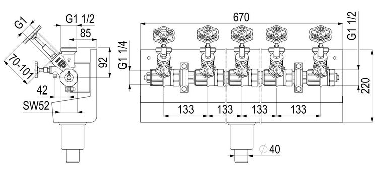 Technische Zeichnung eines Heizkreisverteilers mit fünf Anschlüssen und Maßangaben in Millimeter.