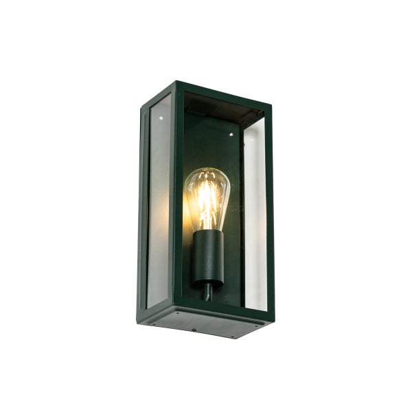Moderne Außenwandleuchte in Rechteckform mit Glaseinsätzen und sichtbarem LED-Leuchtmittel im Vintage-Stil.