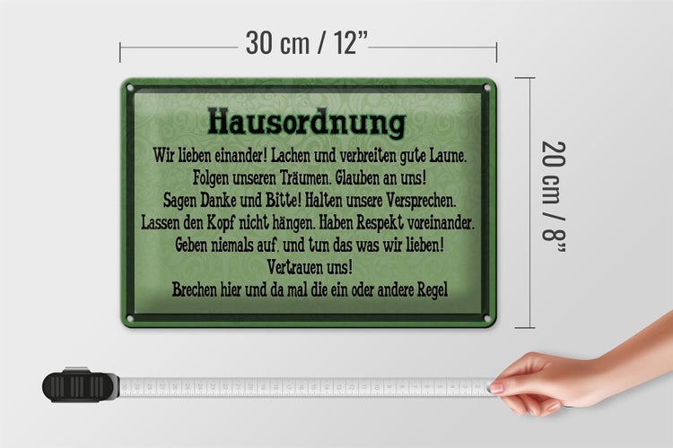Blechschild Spruch 30x20cm Hausordnung wir lieben einander