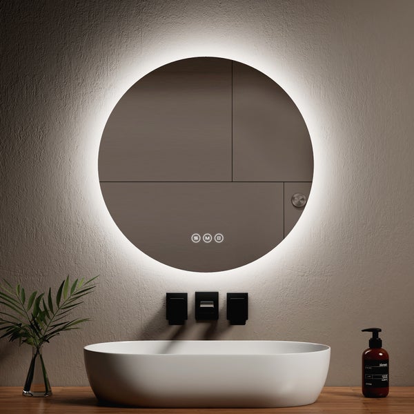 EMKE Badspiegel mit Beleuchtung LED-Spiegel mit Touchschalter,  rund, Anti-Beschlag, 3 dimmbare Lichtfarben, ф60cm