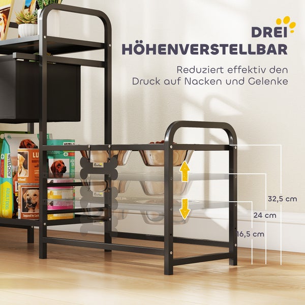 Hundebar mit drei höhenverstellbaren Stufen für Futternäpfe bei 16,5 Zentimeter, 24 Zentimeter und 32,5 Zentimeter.