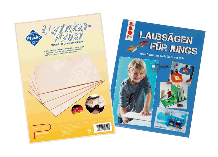 PEBARO 327/BUCH - 4 Laubsägeplatten aus Birkenholz mit Laubsägebuch, Größe DIN A4