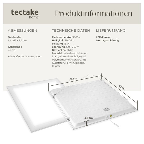 Produktinformationen Tectake Home LED-Panel mit Abmessungen und technischen Daten