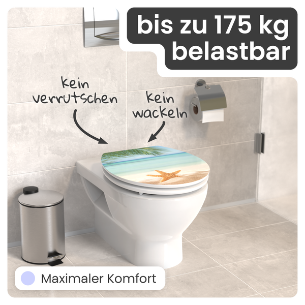 Toilette mit einem Toilettensitz mit Strandmotiv, belastbar bis zu 175 Kilogramm und bietet maximalen Komfort