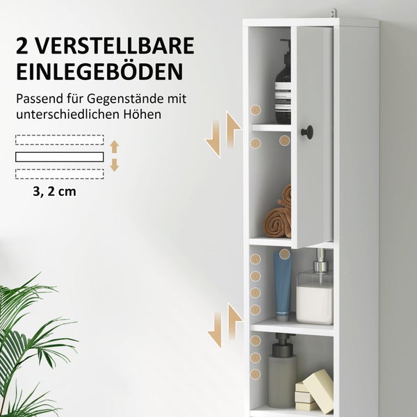 HOMCOM Badezimmerschrank schmal, Hochschrank Toilettenschrank mit Schublade, 3 offenen Fächern, verstellbarem Regal, Badschrank für kleine Räume, Badezimmer, Wohnzimmer 20 x 20 x 178 cm Weiß