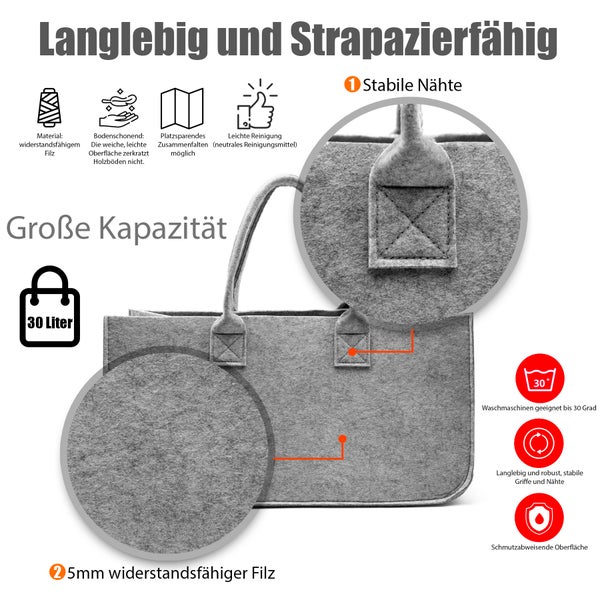 BigDean 3 Stück Filztasche groß in Hellgrau für Kaminholz oder als Shopper verwendbar – Kaminholzkorb im leichten & kompakten Design – faltbarer Holzkorb
