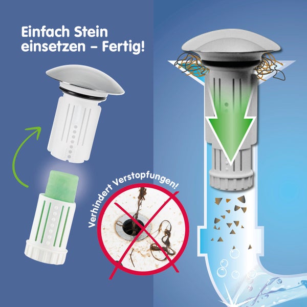Waschbeckenstöpsel mit integriertem Reinigungstab-Einsatz zur Vorbeugung von Verstopfungen durch Haare im Abfluss.