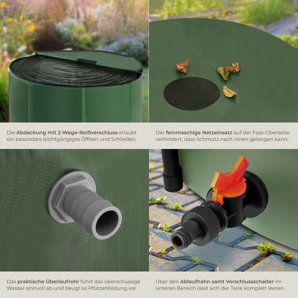 Detailaufnahmen einer Regentonne mit Reißverschlussabdeckung, Netzfilter, Überlaufrohr und Ablasshahn für die Gartenbewässerung.