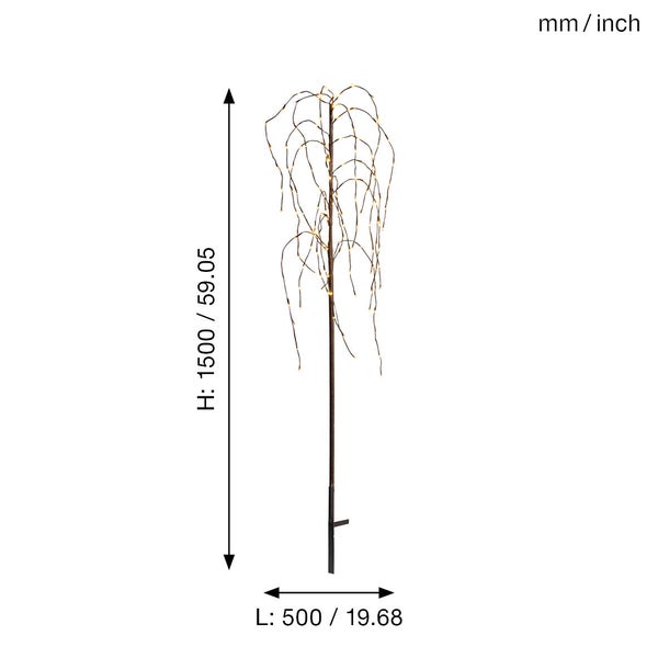 Dekorationsbaum mit LED-Lichtern und Größenangaben.