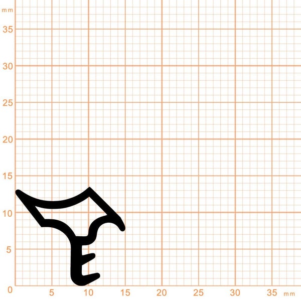 Querschnitt eines schwarzen Dichtungsprofils auf einem Millimeterraster zur Bestimmung der Abmessungen.