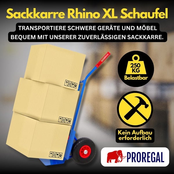 Proregal Sackkarre Rhino XL Schaufel, belastbar bis 250 Kilogramm, kein Aufbau erforderlich, beladen mit drei Kartons, Proregal Logo.