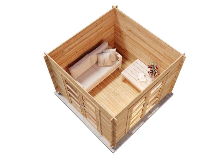 Draufsicht auf ein Gartenhaus aus Holz ohne Dach mit Sofa, Couchtisch und großen Glasfronten.
