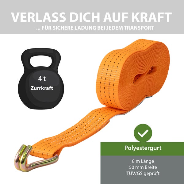 Polyester-Zurrgurt mit 4 Tonnen Zurrkraft, 8 Meter Länge und 50 Millimeter Breite, geprüfte Sicherheit für Ladungssicherung.
