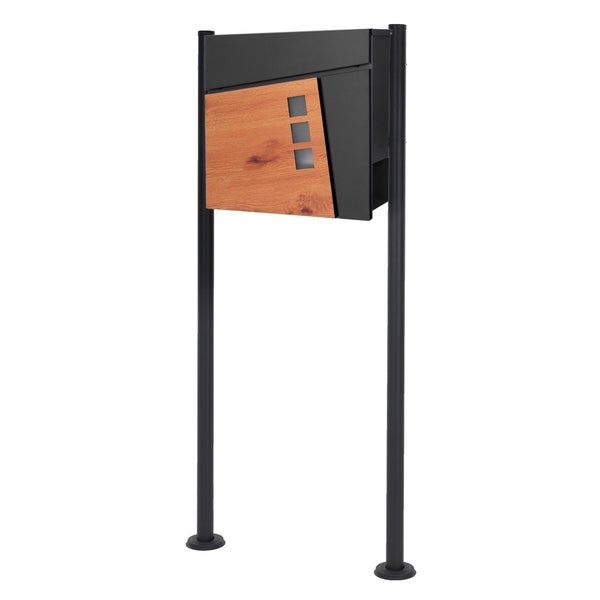 ECD Germany Standbriefkasten mit Zeitungsfach, Design Briefkasten mit Pfosten, Briefkastenanlage, Briefkastenständer Anthrazit 120cm Edelstahl pulverbeschichtet, Postkasten Anthrazit-Holzoptik Stahl