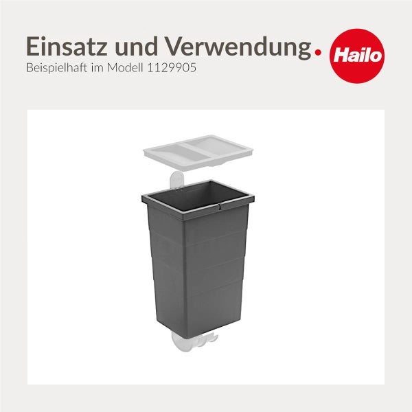 Einsatz und Verwendung: Kunststoff Abfallbehälter für Mülltrennsysteme mit Deckel, Hailo Logo.